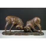 Bronze Figure of Two Male Ibex locking horns, signed ' Hlina ' for Ladislav Hlina, 13cm high x 32cm