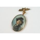 19th century Miniature Oval Portrait Mourning Brooch Pendant depicting a Gentleman in a Hat,
