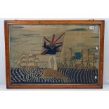 19th century Woolwork Embroidery of a Sailor stood on a rocky outcrop holding a flag with French and