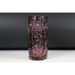 Whitefriars Glass Aubergine Textured Bark Vase, pattern no. 9691, 23.5cm high