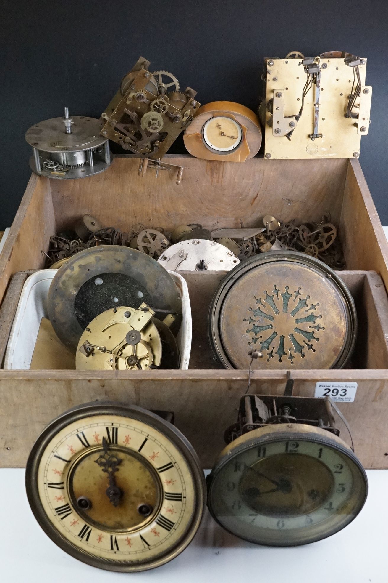 Wooden tray of Clock Parts, Spares and Repairs