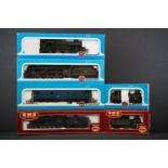 Six boxed Airfix OO gauge locomotives to include 54121-3 Royal Scot BR Livery, 54100-6 A1A-A1A Class