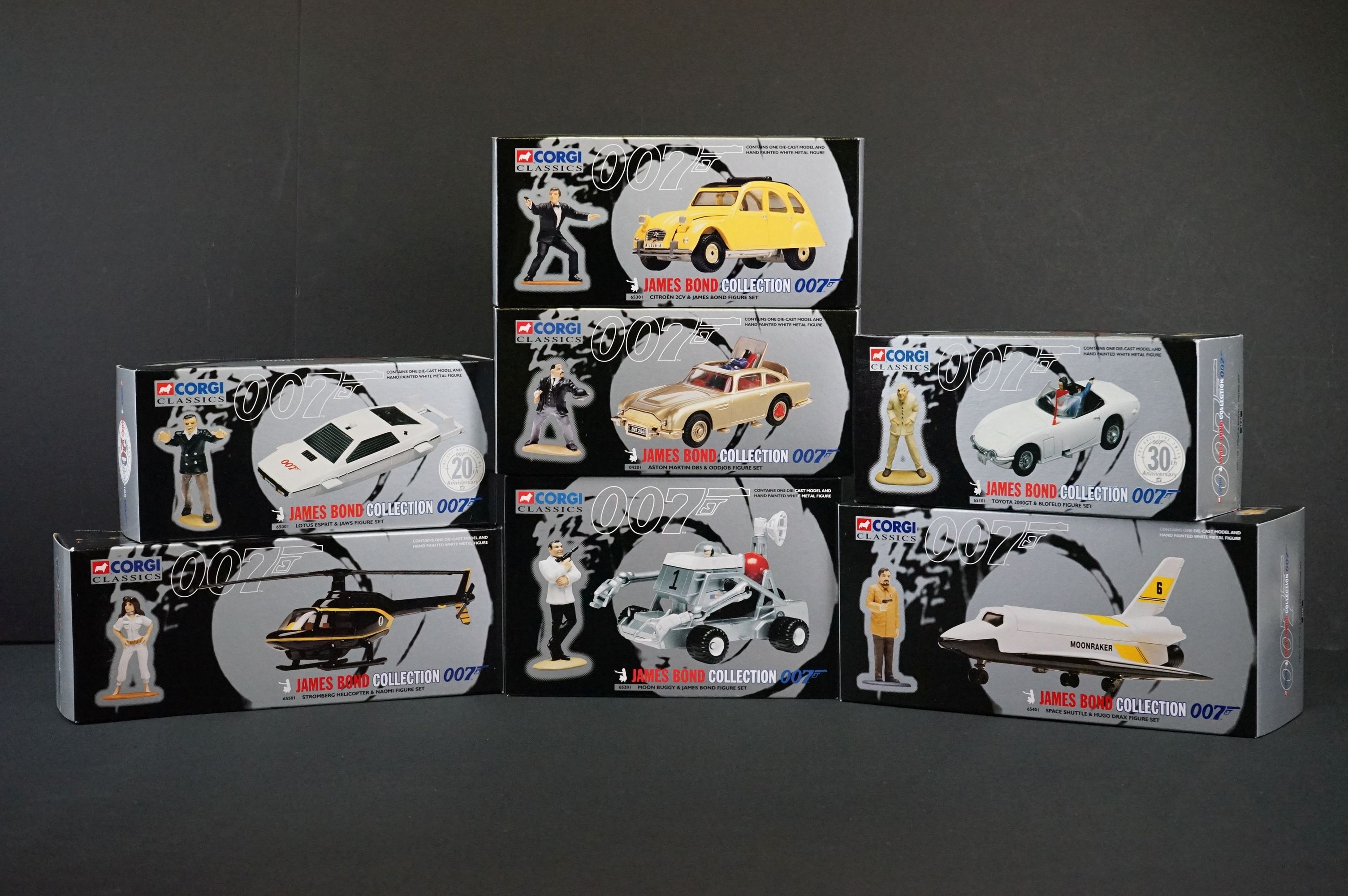 Seven boxed Corgi Classics James Bond Collection diecast model sets to include 65201, 65301,