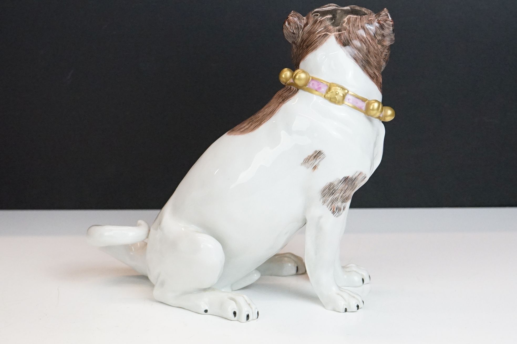 Near pair of 20th Century Dresden seated Pug figures, wearing gilt & pink collars, with hand painted - Image 13 of 17