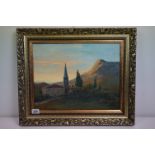 Oil on canvas, a peaceful view of Valle D'Aosta Italy with mountain in background, signed, 34.5 x