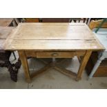 19th century French Fruitwood Kitchen Table with deep single drawer and raised on square tapering