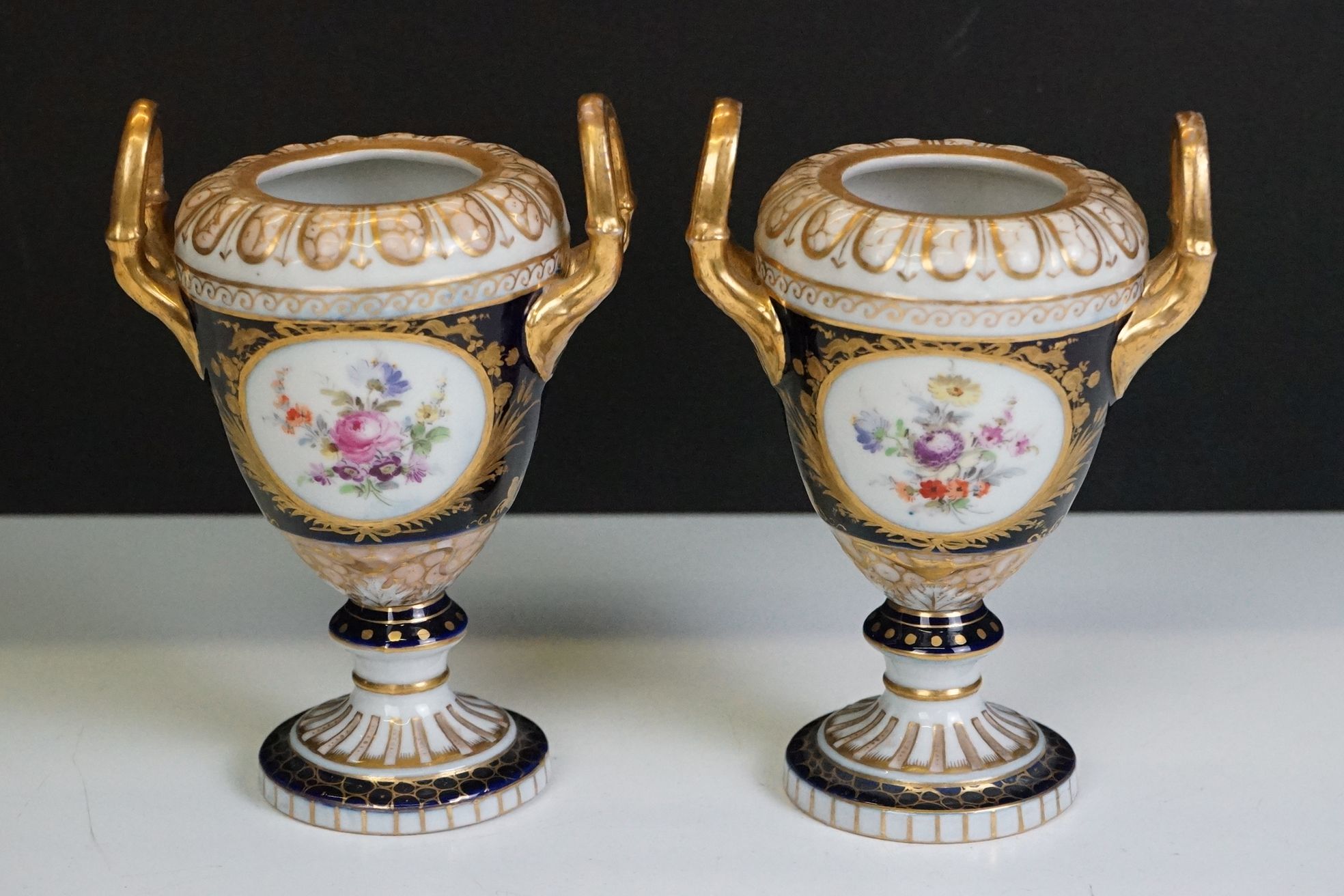 Pair of late 19th / early 20th century Continental porcelain twin-handled urn vases, with hand - Image 2 of 7