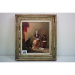 Oil on board, interior scene with figures in the form of a goat and ass, 22.5 x 19.5cm, framed and