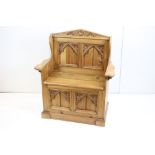 Gothic style Pine Hall Bench with hinged lid to seat, 84cm long x 96cm high