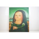 After Fernando Botero, Large Oil on Canvas Humorous Portrait of the Mona Lisa, 79.5 x 99.5cm