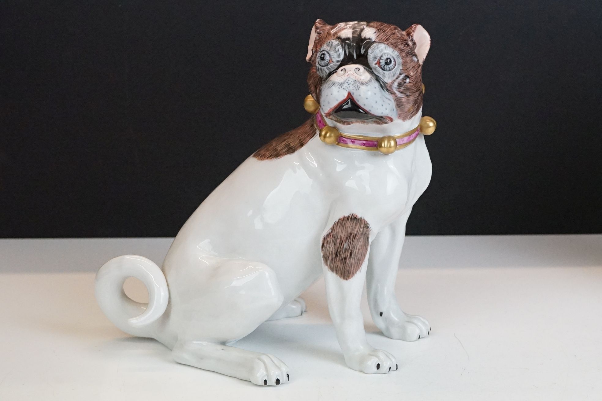 Near pair of 20th Century Dresden seated Pug figures, wearing gilt & pink collars, with hand painted - Image 3 of 17