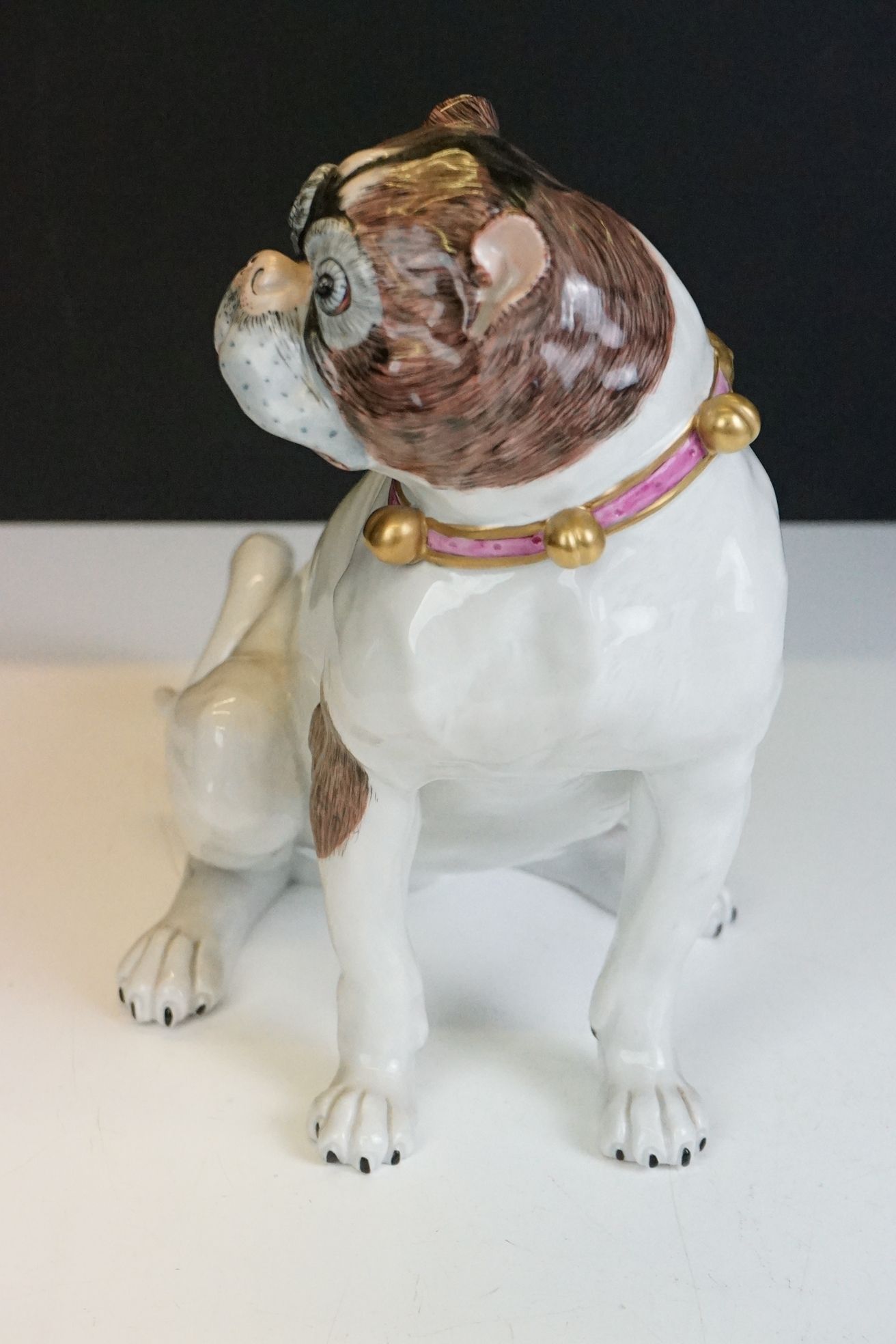Near pair of 20th Century Dresden seated Pug figures, wearing gilt & pink collars, with hand painted - Image 6 of 17
