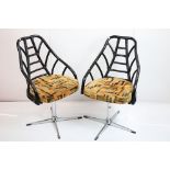 Pair of Mid century Retro Swivel Chairs with Black Finished Bamboo Backs, upholstered seats and