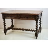 Victorian Oak Desk or Side Table with two drawers, heavy foliate carving, raised on barley-twist