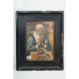 Ebonized framed oil painting portrait of a Flemish man at his devotions, 35 x 25cm