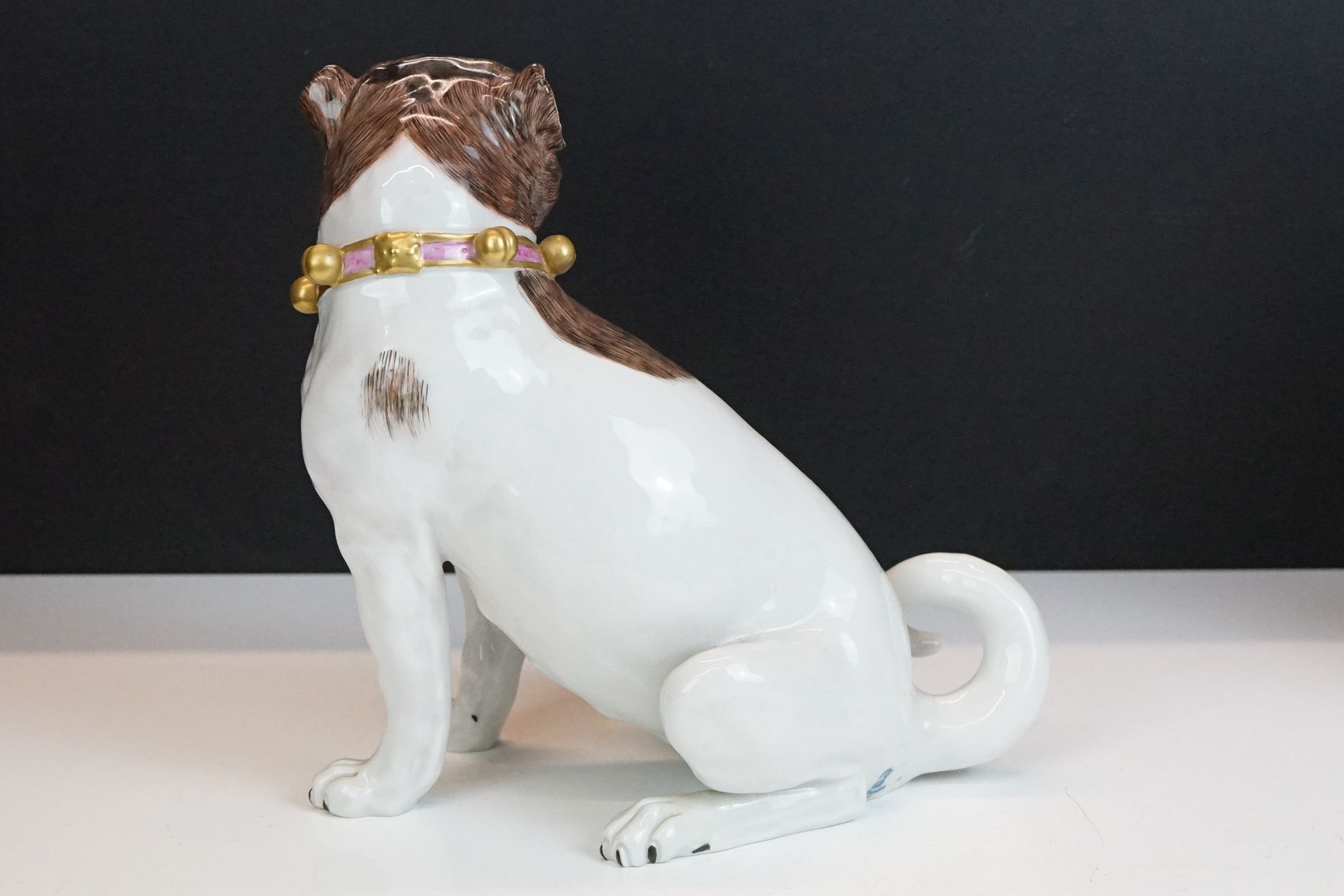 Near pair of 20th Century Dresden seated Pug figures, wearing gilt & pink collars, with hand painted - Image 5 of 17