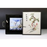 A Japanese framed silk picture of storks together with a vintage tray.