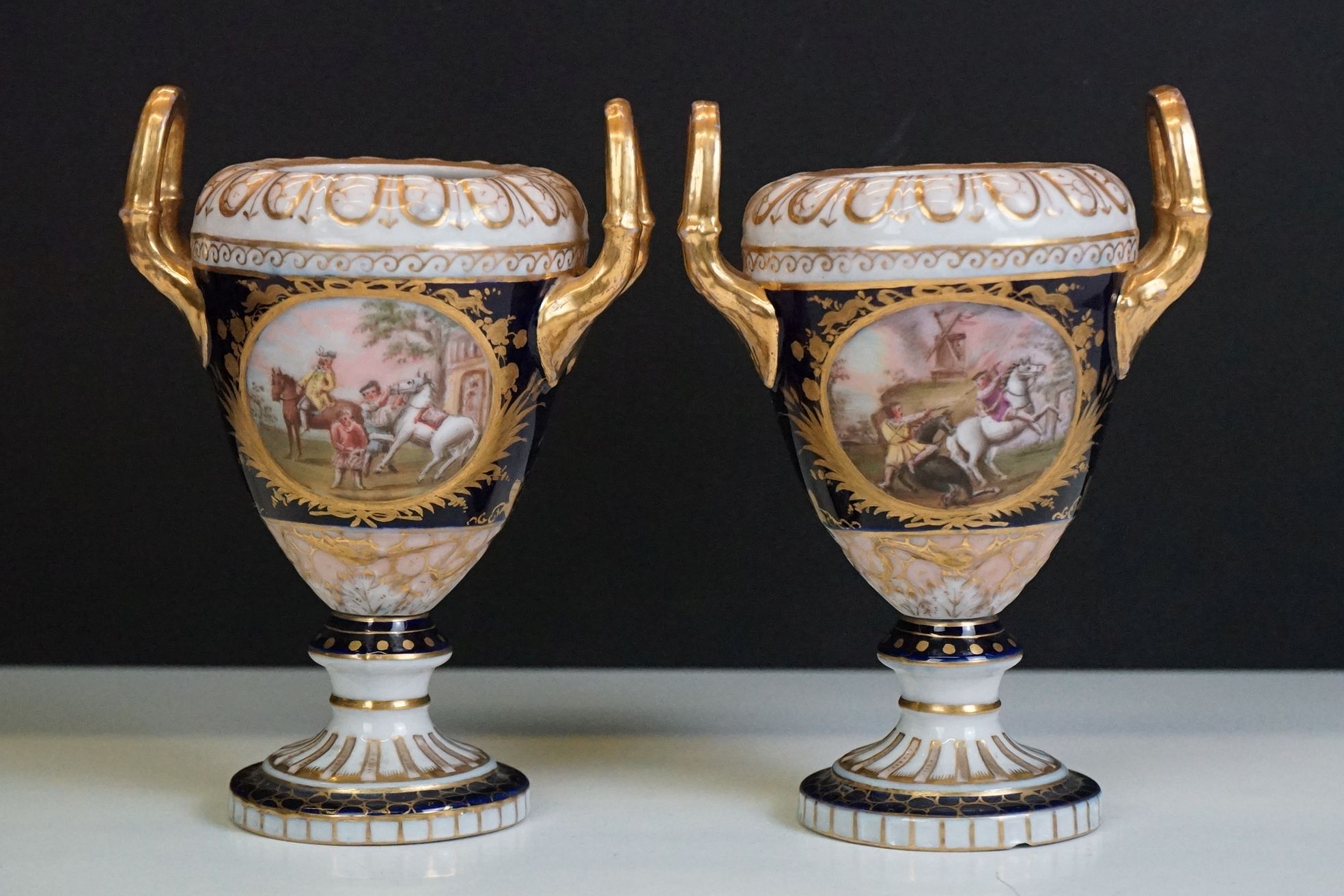 Pair of late 19th / early 20th century Continental porcelain twin-handled urn vases, with hand - Image 4 of 7