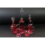 Group of Cranberry glassware, 19th century onwards, to include decanter & stopper, large bell