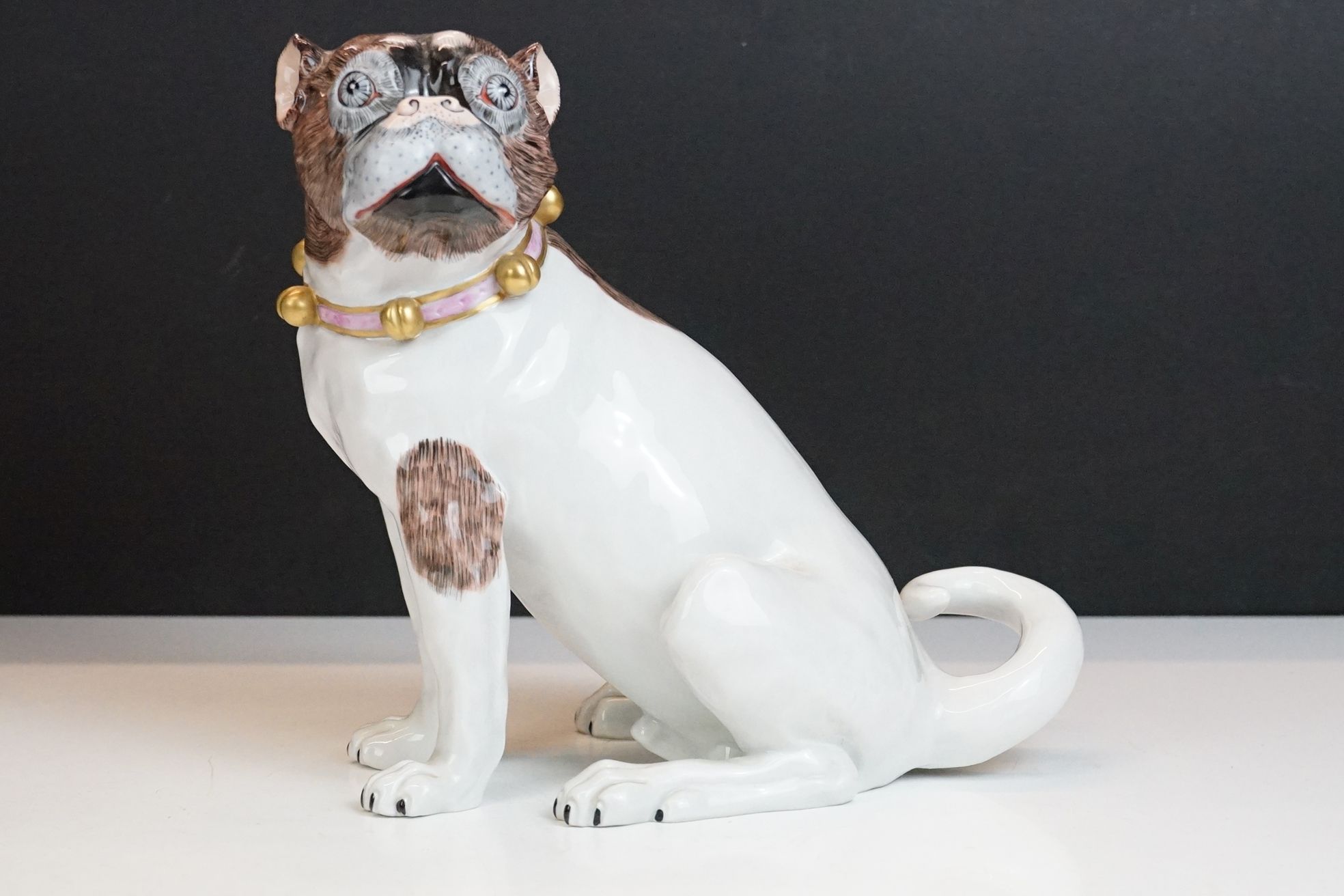 Near pair of 20th Century Dresden seated Pug figures, wearing gilt & pink collars, with hand painted - Image 11 of 17
