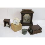Late Victorian Oak Bracket Clock together with Gas Light Timer and Two Oak Cased Alarm Bells