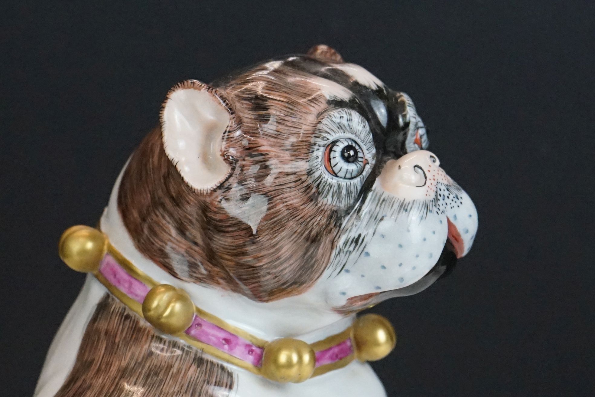 Near pair of 20th Century Dresden seated Pug figures, wearing gilt & pink collars, with hand painted - Image 8 of 17