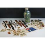 A box of mixed collectables to include marbles, silk cigarette cards and a selection of watches to