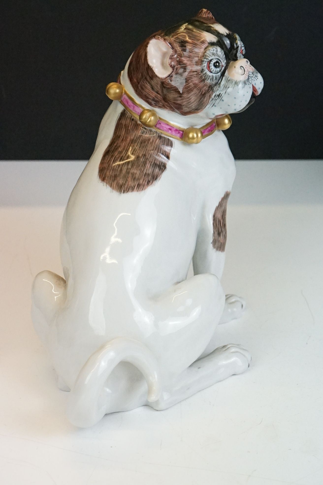 Near pair of 20th Century Dresden seated Pug figures, wearing gilt & pink collars, with hand painted - Image 4 of 17