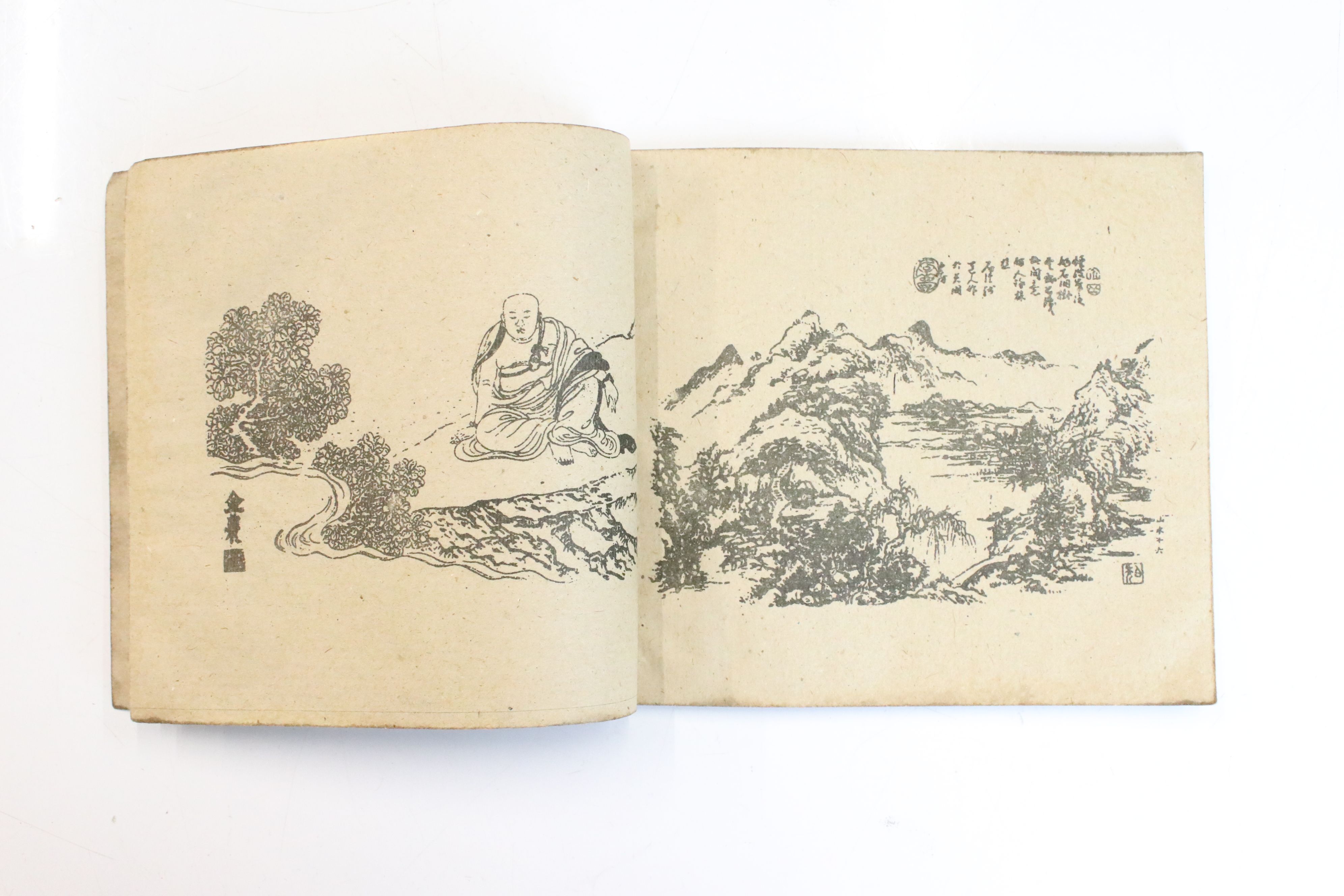 Three antique oriental books with illustrations and text, portraits, landscapes, fauna & - Image 3 of 9