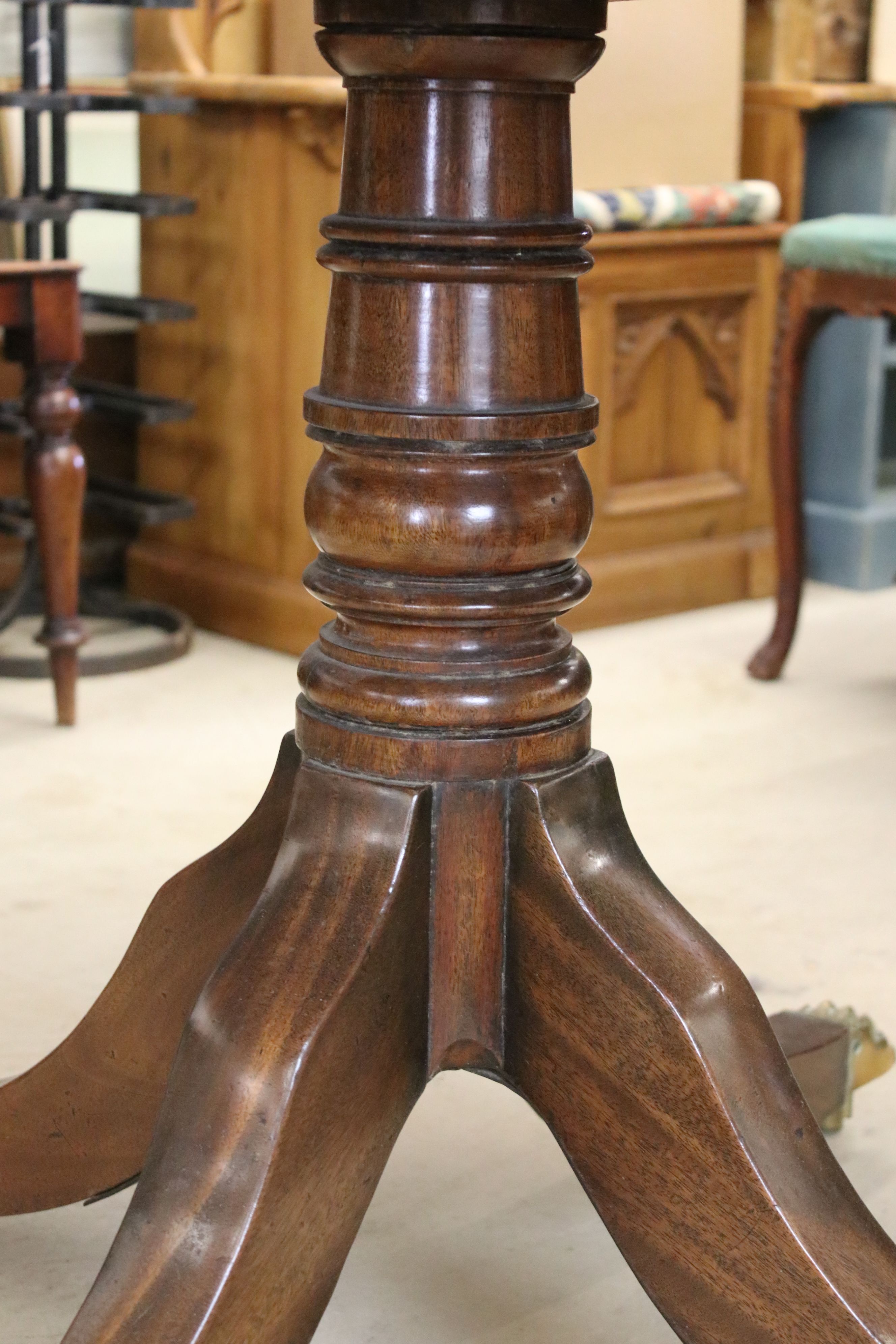 19th century style Mahogany Inlaid Circular Tilt Top Breakfast Table raised on a turned pedestal - Image 6 of 7