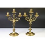 Late 19th century pair of brass three-branch candelabra, with scrolled supports, raised on