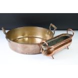 19th century twin-handled copper jam pan (34cm diameter), plus an early 20th century Arts & Crafts