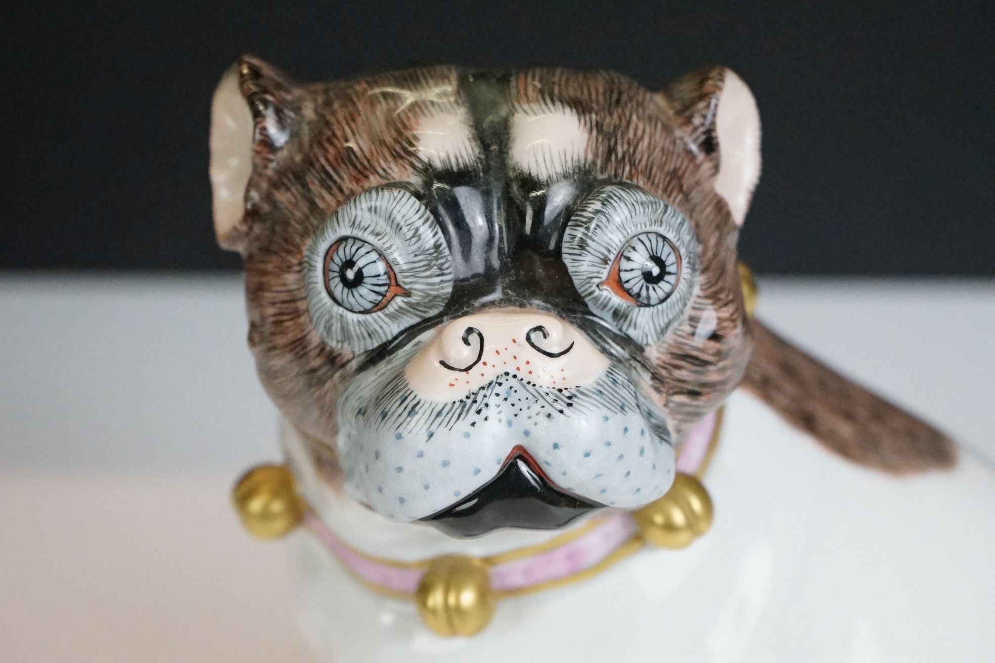 Near pair of 20th Century Dresden seated Pug figures, wearing gilt & pink collars, with hand painted - Image 15 of 17