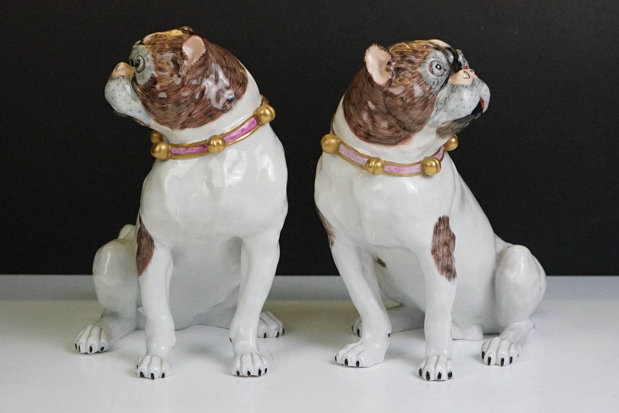 Near pair of 20th Century Dresden seated Pug figures, wearing gilt & pink collars, with hand painted - Image 2 of 17