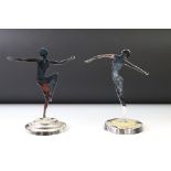 Two Art Deco style metal figural ornaments in the form of nude dancing ladies, raised on pedestal