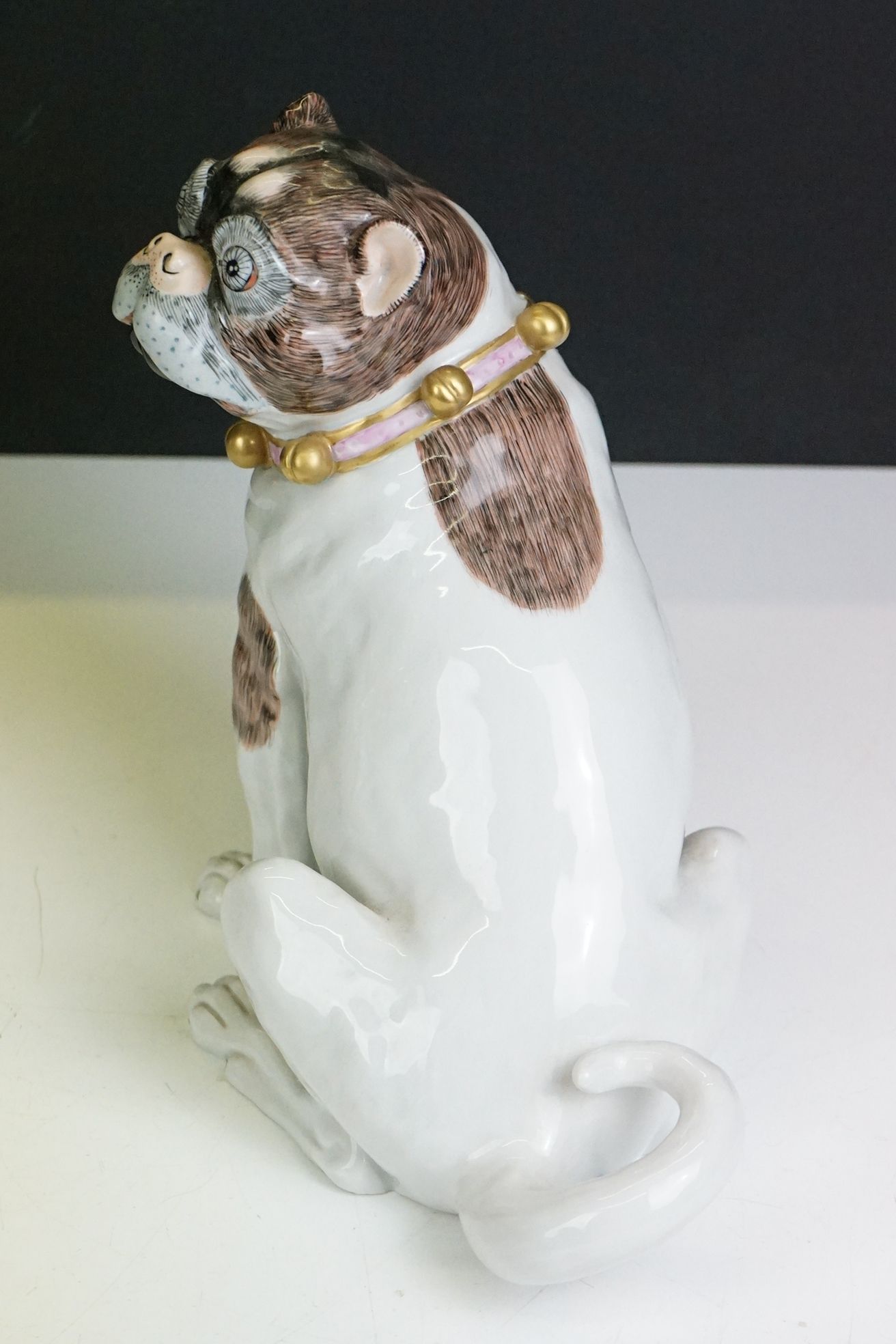 Near pair of 20th Century Dresden seated Pug figures, wearing gilt & pink collars, with hand painted - Image 14 of 17