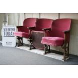 Early 20th century Set of Three Interlocking Cinema Seats, pink upholstery, iron frame and wooden