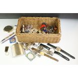 A small box of mixed collectables to include watches, costume jewellery, sterling silver mustard,