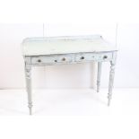 19th century Painted Pine Side Table with two drawers raised on turned legs, 106cm long x 80cm high