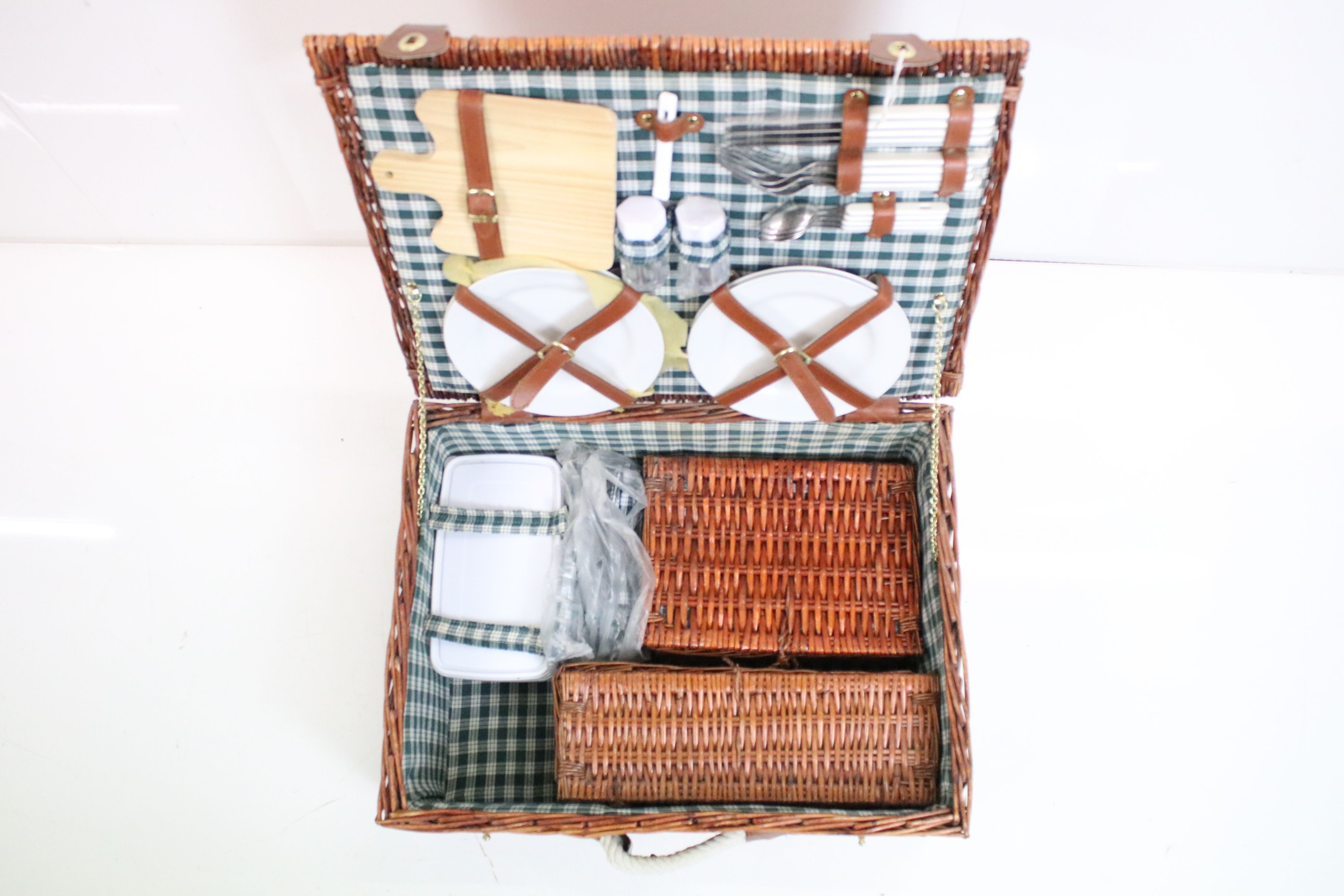 Four person picnic set in three wicker baskets, comprising cutlery, mugs, champagne glasses, - Image 2 of 7
