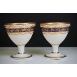 Pair of 18th century Crown Derby wine goblets with gilt grape vine decoration on a band of cobalt