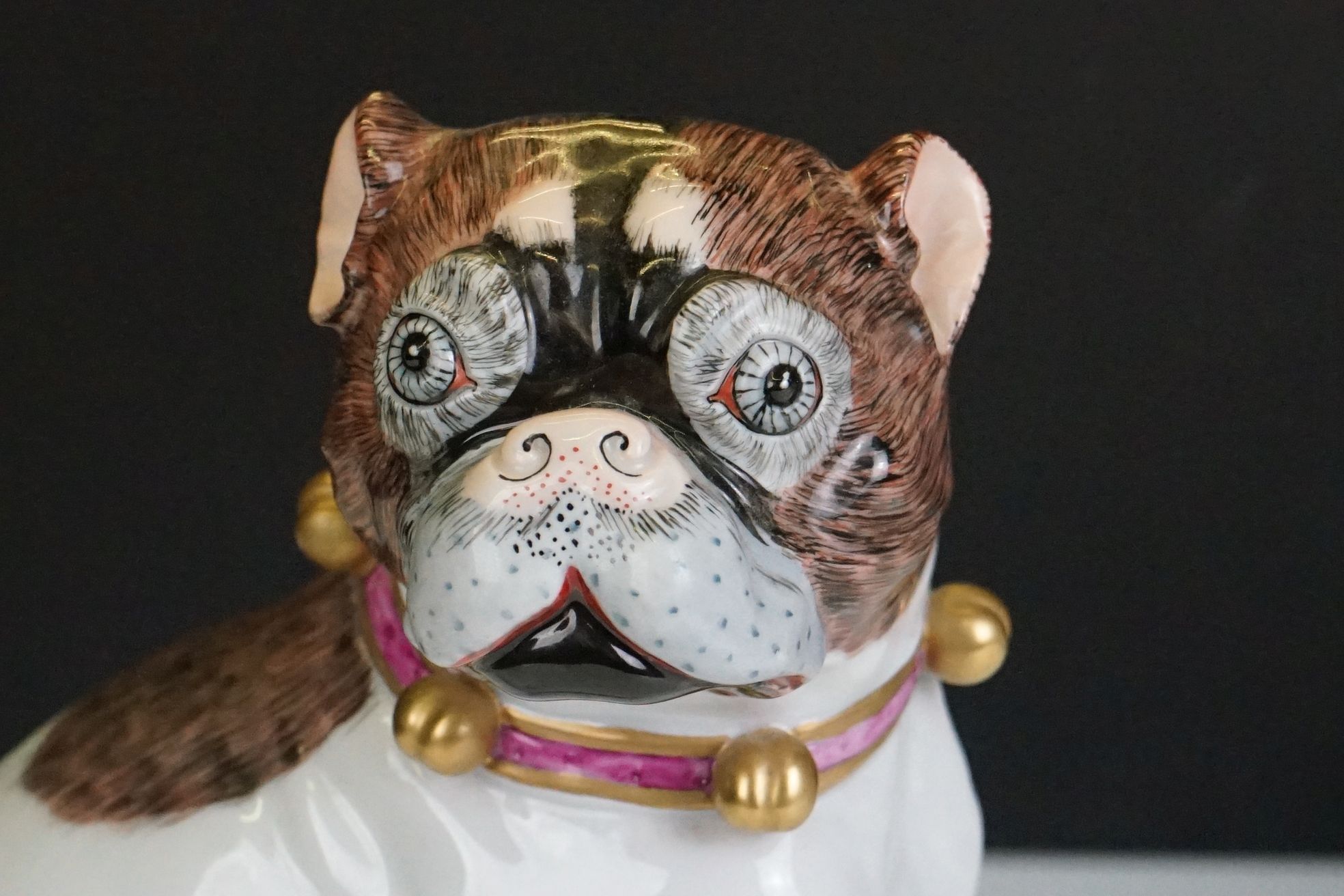 Near pair of 20th Century Dresden seated Pug figures, wearing gilt & pink collars, with hand painted - Image 7 of 17