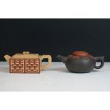 Two Chinese Yixing ceramic teapots & covers to include a geometric rectangular example (6.5cm
