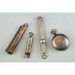 A fully hallmarked sterling silver whistle and cheroot case together with a white metal propelling