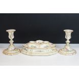 19th Century porcelain double inkwell desk stand with hand painted ornithological and floral