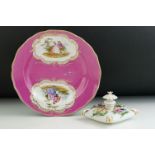 Meissen Plate decorated with panels of classical figures on a pink ground, diameter 19cm (blue