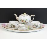 Herend pottery tete-a-tete tea service, gilded and hand-painted with birds and butterflies,