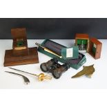 A box of mixed collectables to include opera glasses, letter openers, inkwell made from the wood