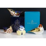 Four Royal Crown Derby bird paperweights to include a Garden Blue Tit, 2 x Nuthatch and a Goldfinch,