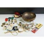 A group of mixed collectables to include meerschaum pipe, costume jewellery, coins, military